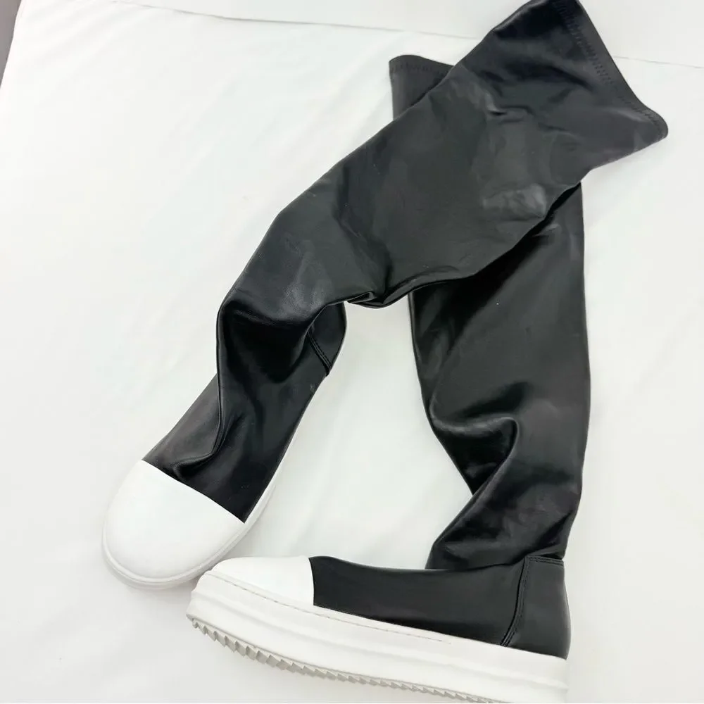 Kluolandi Black Faux Leather White Shoe Over the Knee Pull On Sneaker Boots